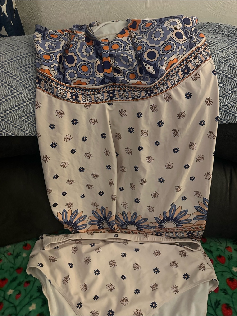 BloomChic White two piece swimsuit with Blue and Orange Floral Border